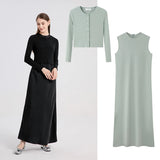 woman clothing high Stretch ribbing closed-fit wrap tops + Matte Satin dress Maxi matching sets 5