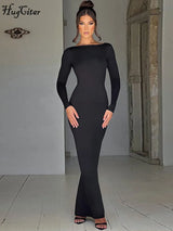 Elegant Long Sleeve Backless Solid Cuched Sexy Bodycon Maxi Prom Dress 2