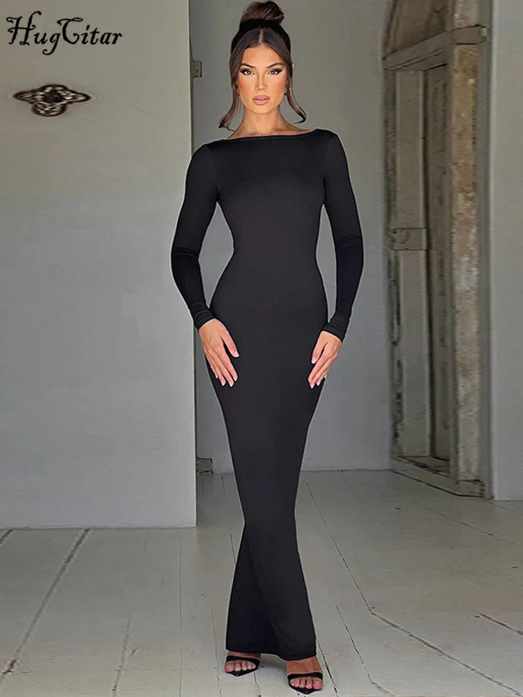Elegant Long Sleeve Backless Solid Cuched Sexy Bodycon Maxi Prom Dress 2