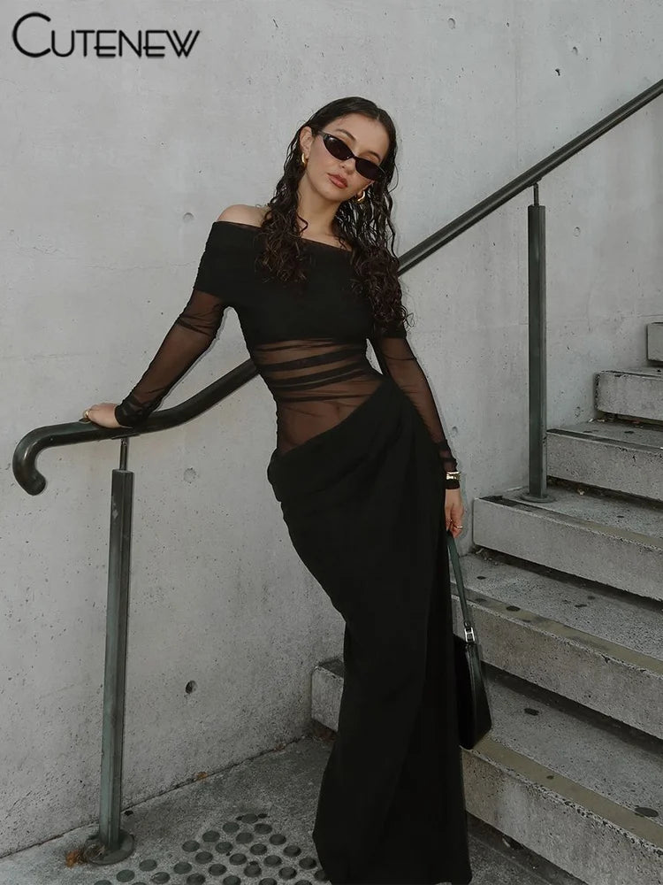 Mesh Ruched Women Maxi Dress Sexy See Through Off Shoulder Long Sleeve dress 3