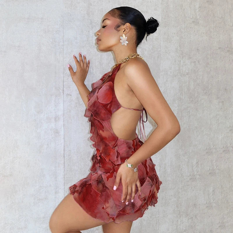 Floral Printing Ruffles Mini Dress Women Sexy Halter Backless 3