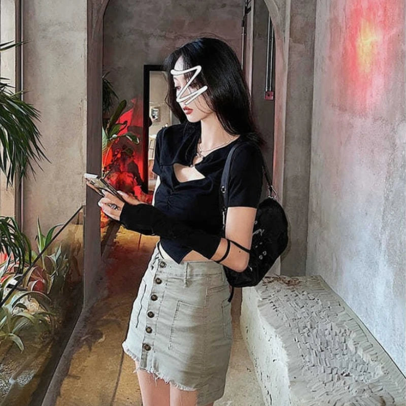 High Street Short Sleeve T-shirt Women Harajuku Summer Hollow Out Slim Design Ins Korean Style Above Navel Cropped Top All-match 4