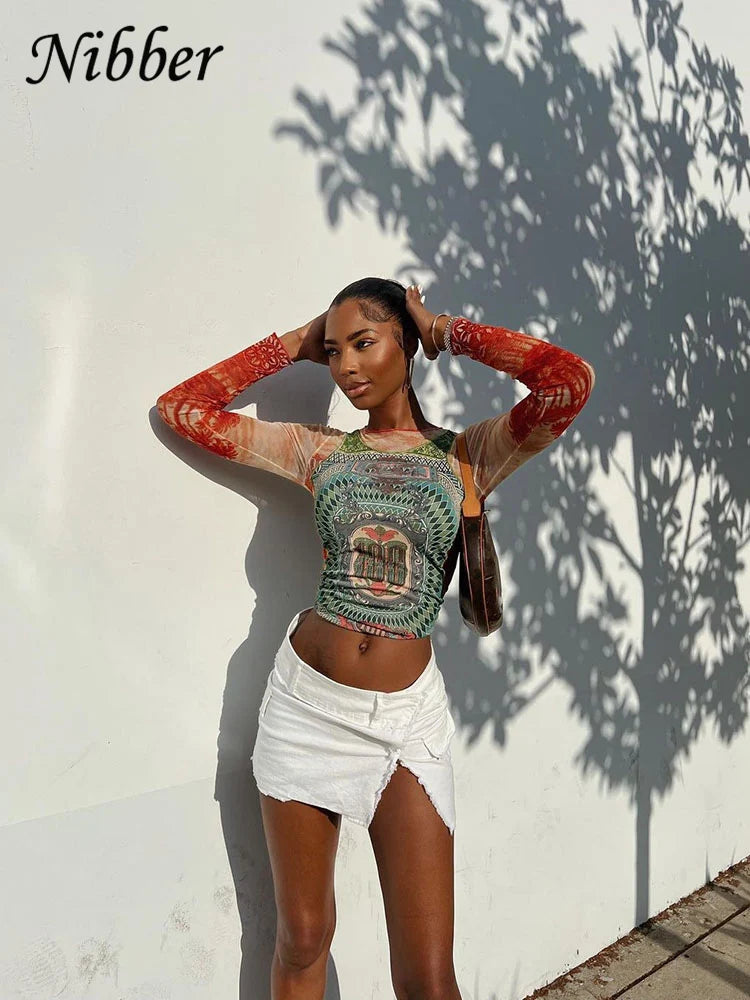 Nibber Autumn Art Print T-shirt Women's Wear Long-sleeved O-Neck Short Section Navel Slim Fit Top Female Street Comfort Clothing 6