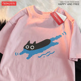 Couple Tees Swimming Black Cat Diving Shoulder Short Sleeved T-shirt For Men 4