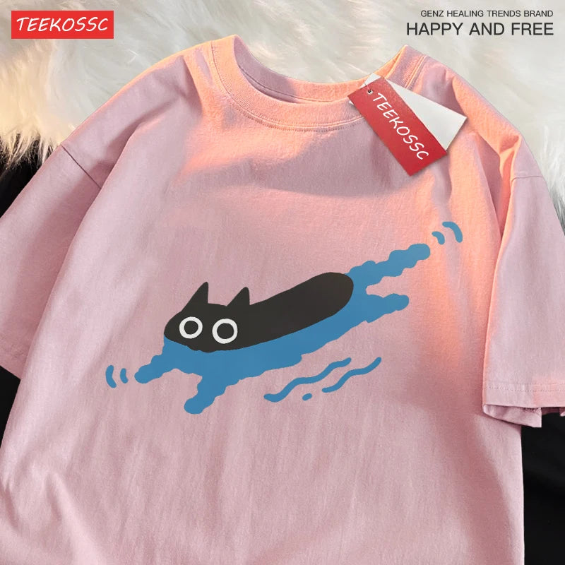 Couple Tees Swimming Black Cat Diving Shoulder Short Sleeved T-shirt For Men 4