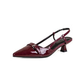 2024 New Summer French Wine Red Pointed Patent Leather Mid-heel Overhead Sandals for Women Retro Skinny Heel Back Empty Shoes 5