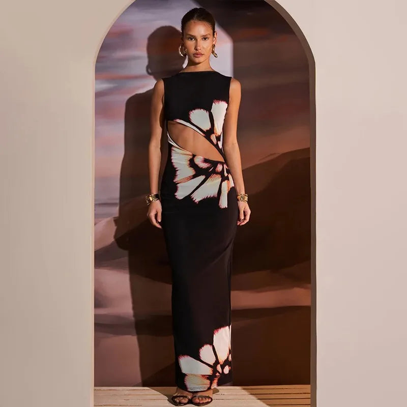 Black Dresses Women Summer New O-Neck Sleeveless Sexy Clubwear Hollow Out Dress
