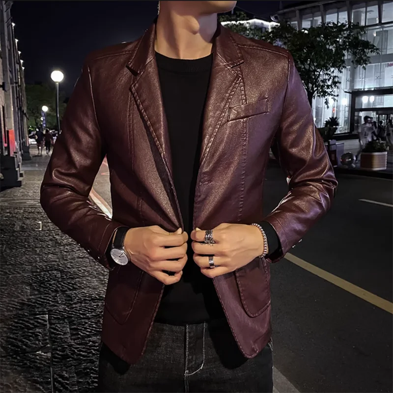 2024 New Men Business Casual Leather Jacket Black / khaki Fashion Male Suit Collar Coats Large Size 5XL Slim Fit Top 6