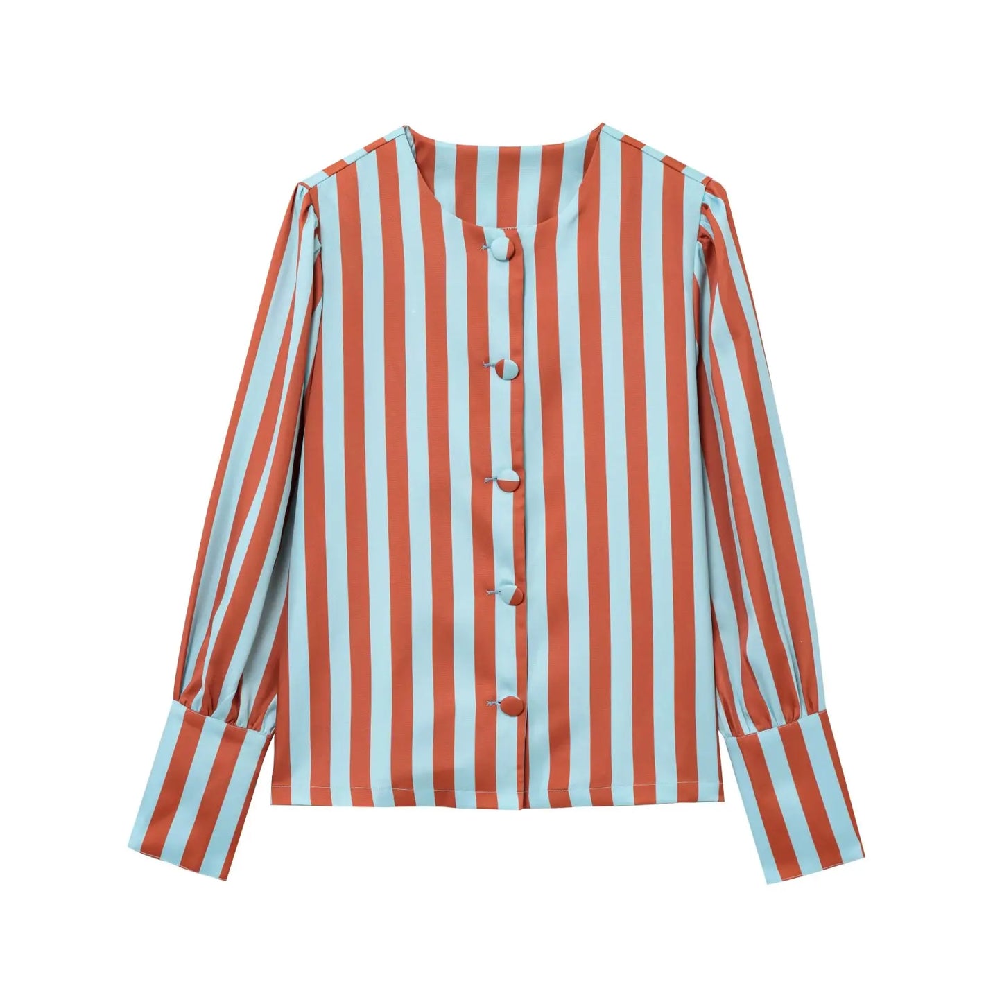 2025 Spring Summer Women's Striped Blouse O-Neck Long Sleeve Bubble Sleeve With Buttons Shirt Fashionable Chic Tops 3