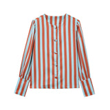 2025 Spring Summer Women's Striped Blouse O-Neck Long Sleeve Bubble Sleeve With Buttons Shirt Fashionable Chic Tops 3