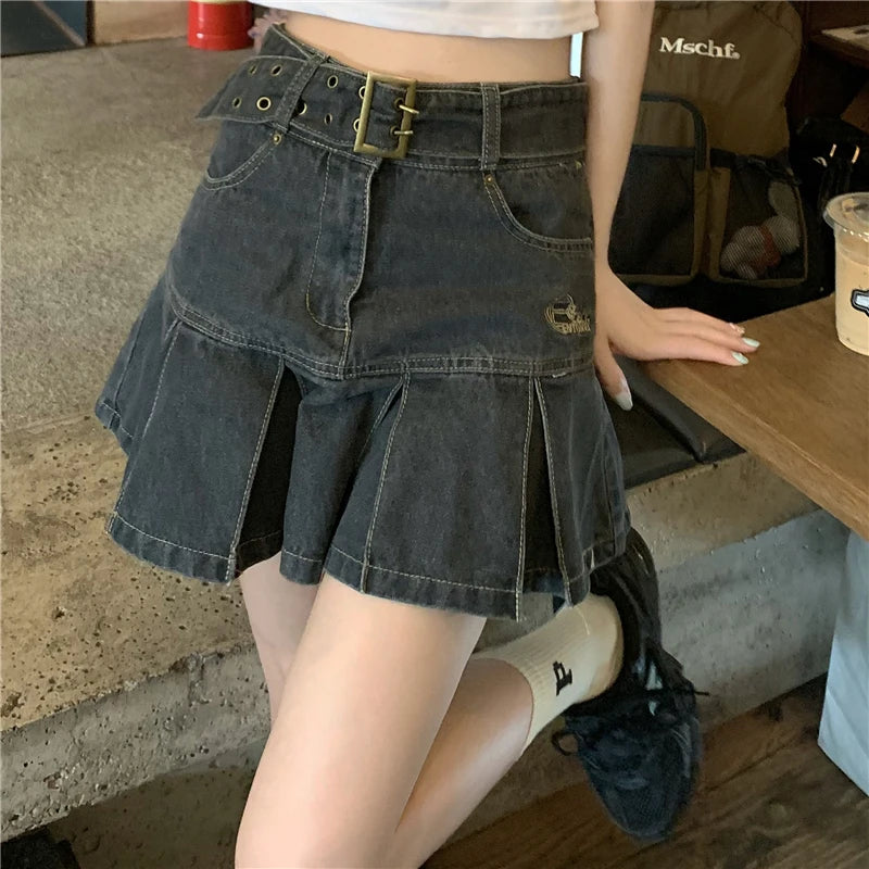Kawaii Hot Girl Denim Skirt Womens Pleated Skirt Y2k  Fashion Casual College Style High Waist Slim Goth Mini A Word Short Skirt 3