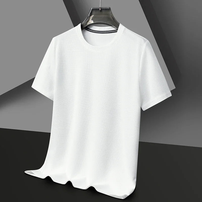 Men's New Summer Waffle round Neck Short Sleeve T-Shirt Comfortable Breathable Short-Sleeved Top for Casual Wear 5