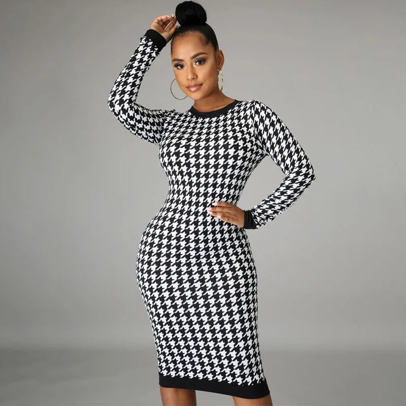 Elegant Slim Fit Houndstooth Midi Dress - Women's Long Sleeve Bodycon Streetwear for Club 2