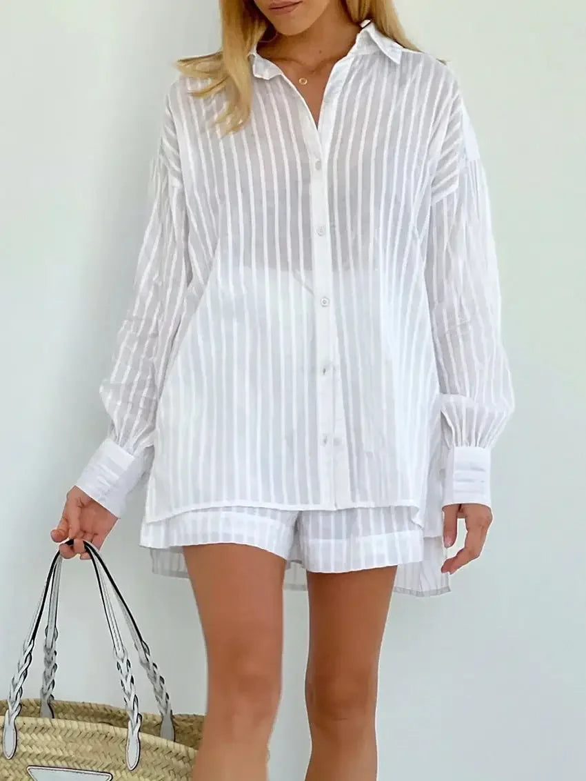 Wolfeel Casual Shorts Sets Striped Jacquard 2 Pieces Cozy Lapel Lantern Sleeve Shirt Summer Outfit Elastic Waist Shorts Suits 5