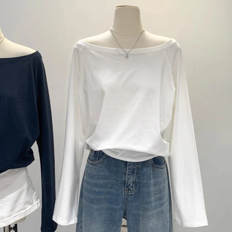 Autumn Winter One Shoulder Cotton Long Sleeve Slant Shoulder Women's Clothing Style Interior Wide Truffle Shoulder Base Shirt 5
