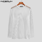 Men T Shirt Mesh Transparent O-neck Long Sleeve T-shirts Sexy Streetwear Fashion Party Nightclub 4