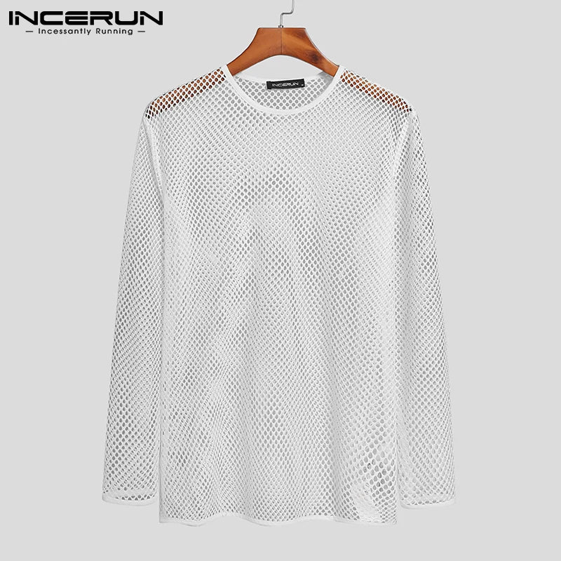 Men T Shirt Mesh Transparent O-neck Long Sleeve T-shirts Sexy Streetwear Fashion Party Nightclub 4