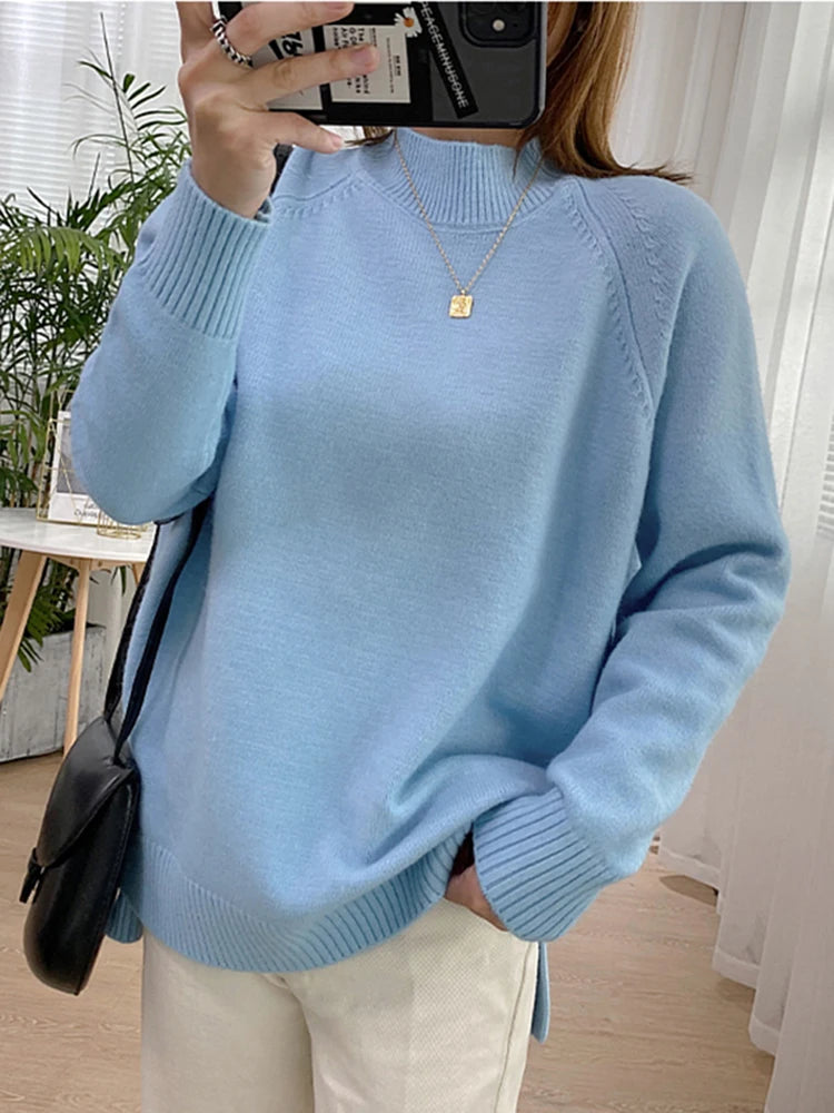 Women Mock Neck Pullovers Sweater High Quality Oversized Jumper Split Fall Winter Clothes Beige Purple Green 8 Colors  C-114 7