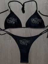 2000s Punk Grunge Rhinestone Bikini - Y2K Lace-Up Swimsuit - Gothic Beachwear 4