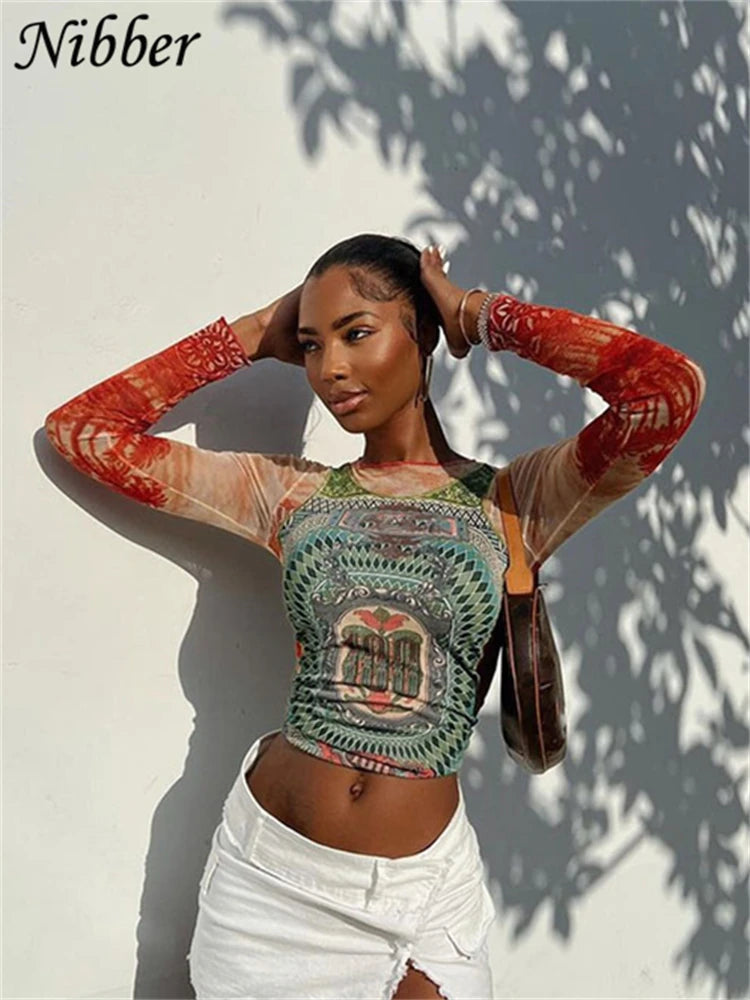 Nibber Autumn Art Print T-shirt Women's Wear Long-sleeved O-Neck Short Section Navel Slim Fit Top Female Street Comfort Clothing 1