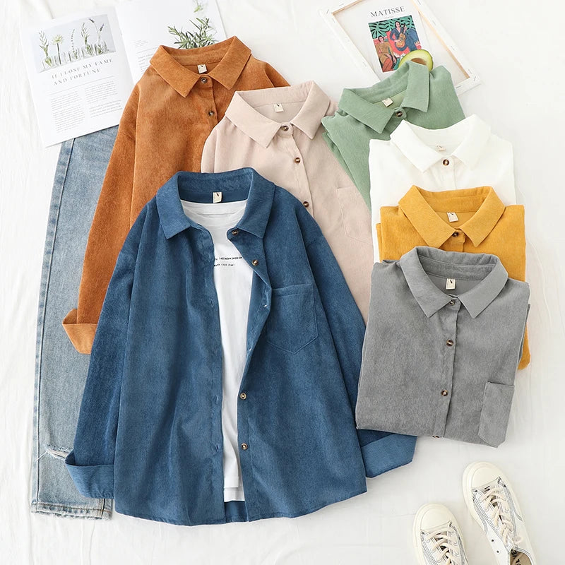 Corduroy Women Blouses Shirts Tunic Womens Tops And Blouses 2024 Womenswear Long Sleeve Clothing Button Up Down Loose White New