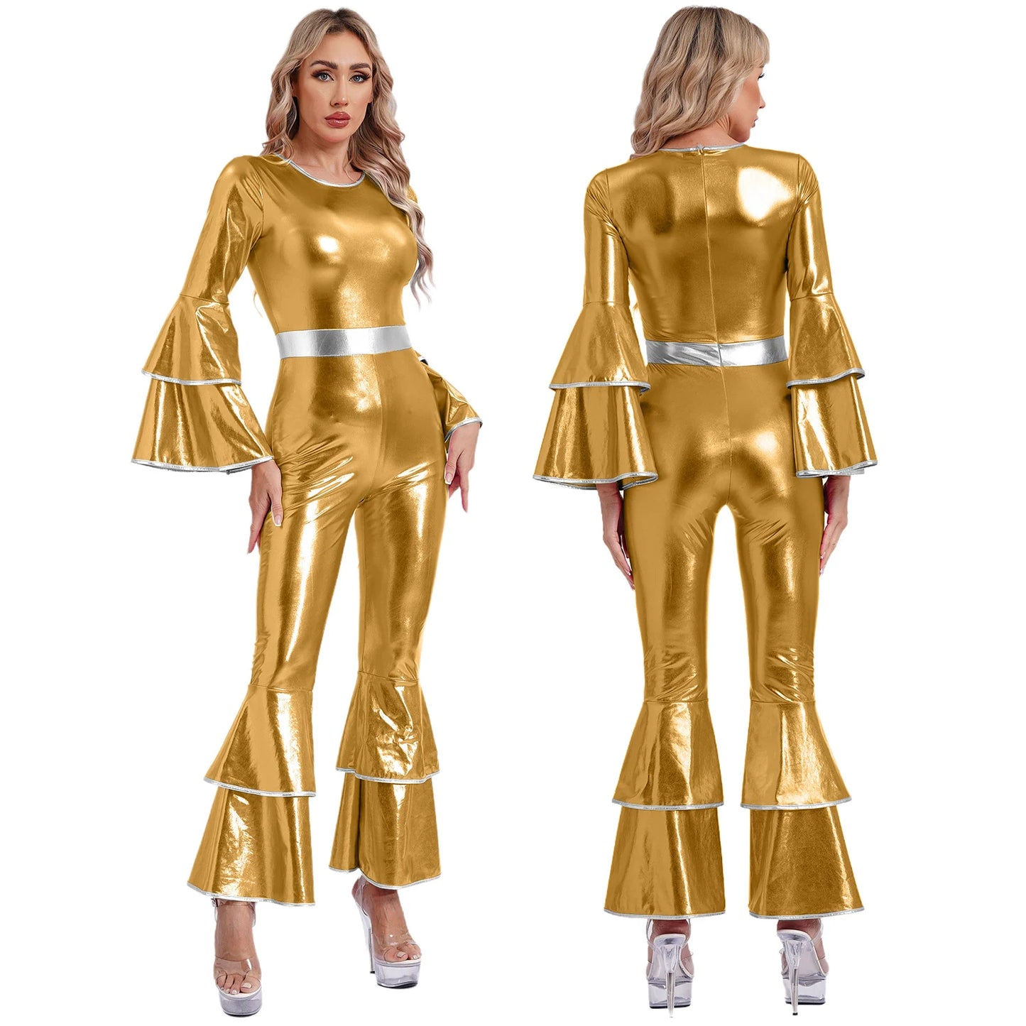 Women's 70s Disco Jumpsuit | Metallic Shiny Bell Bottom Jumpsuit | Halloween Costume, Rave Outfit