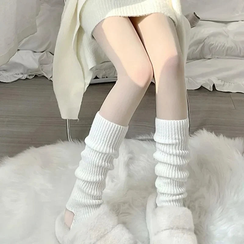 New Japanese Lolita Y2k Solid Color Leg Warmers Women Hollowed Out Foot Heel Warm Knitted Knee High Socks Legging Gaiters Cover 2