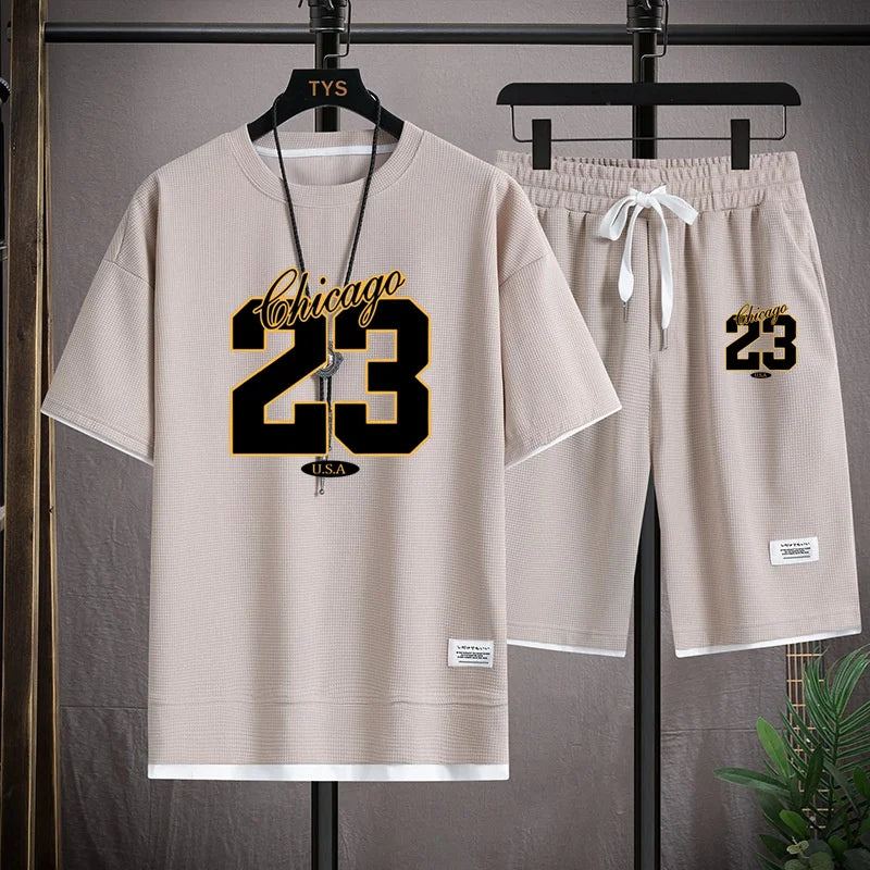 High Quality Men's Korea Comfortable and Summer  Fashion Print Sports Suit Fitness Jogging Daily Casual Wear Beach Shorts Set 5
