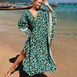 Loose Floral Pleated Kaftan Dresses for Women Wave Neck Swimsuit Cover Up Caftan