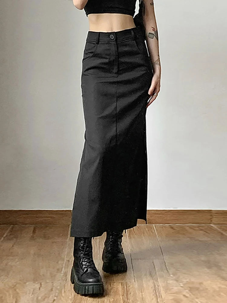 Goth Dark Grunge Casual Tag Split Women Midi Skirts Mall Gothic Punk High Raise Slim Long Skirt Y2k Sexy Fashion Streetwear 2023 5