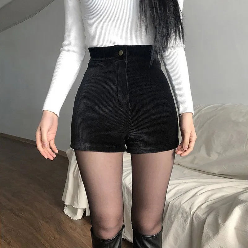 Women's Black Goth Pants Shorts High Waist Spring Autumn Fashion Tight Sexy Stretch Y2K Corduroy Female Casual Pants 2