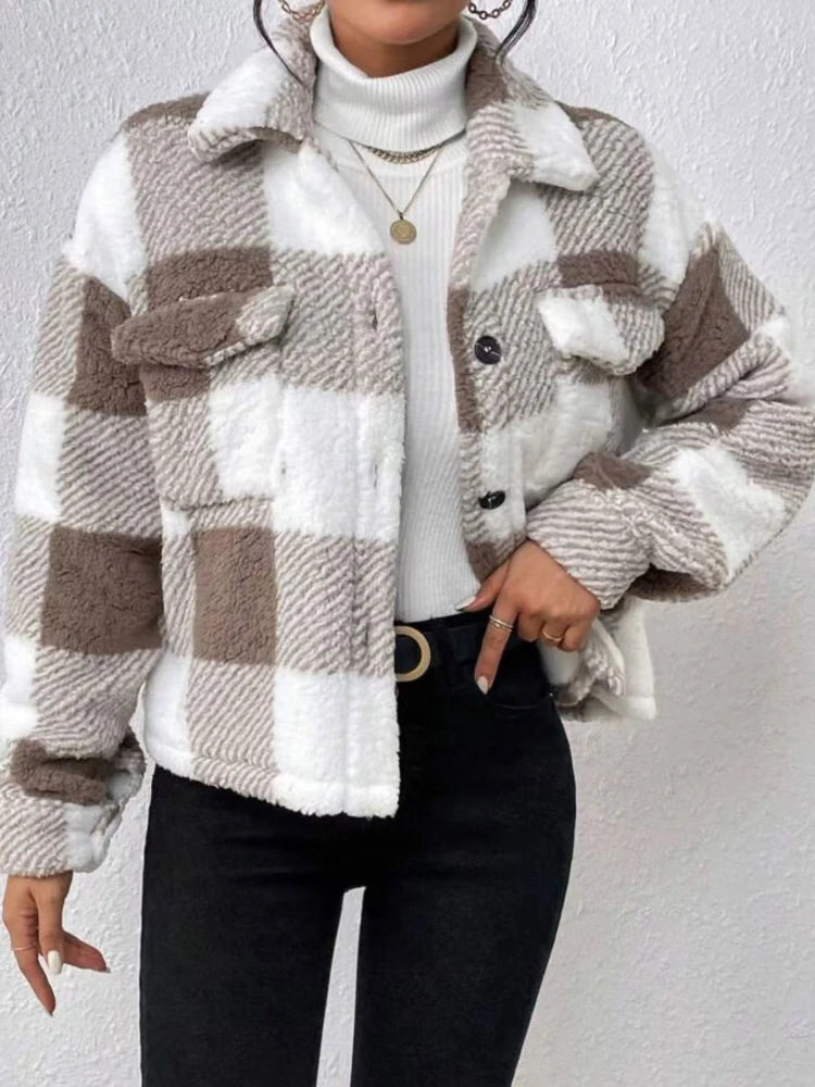 Autumn/winter Elegant Winter Coat Female Women's Urban New in Coat Plaid Pattern Lapel Button Fleece Women's Winter Coats 4
