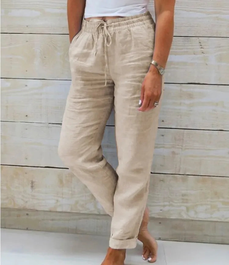 Cotton Linen Summer Pants for Women High Waist Elastic Casual Trousers Streetwear Solid Female Clothes 2024 Loose Pencil Pants 5