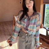 Patchwork Striped Cardigan Women Tassel Long Sleeve Knitted Sweet Sweater Fashion Purple Button Autumn Cropped Tops 5