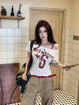 Y2k Sport Summer Off shoulder Top Women Sexy Vintage 2000s Short sleeve T shirt  Lady Body Basic Crop Top Female Casual 6