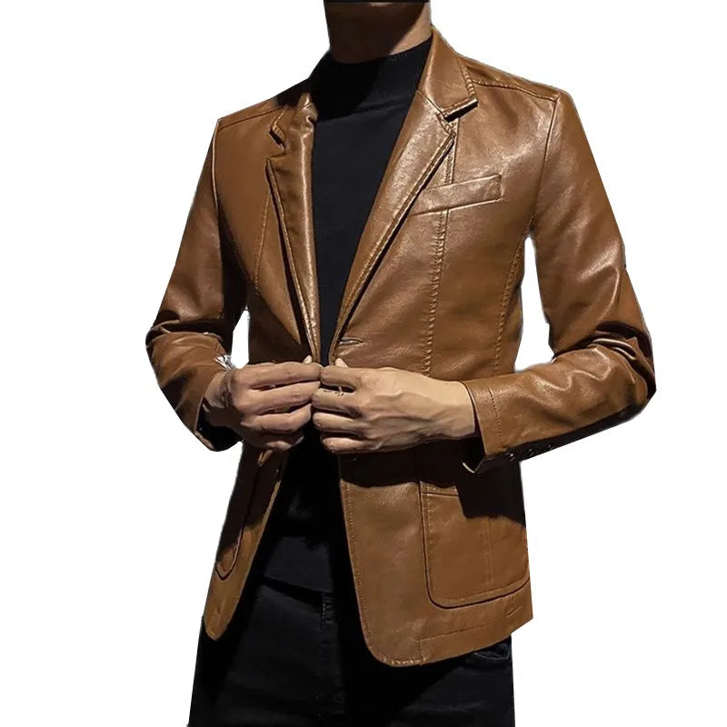 2024 New Men Business Casual Leather Jacket Black / khaki Fashion Male Suit Collar Coats Large Size 5XL Slim Fit Top 2