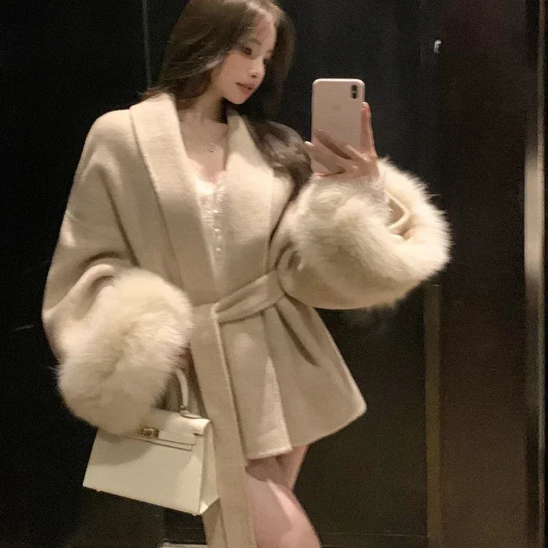 Elegant Ffice Women's Coat Fur Patchwork Long-sleeved Wool Coat Beautiful Women's Clothing Jacket Autumn And Winter 2