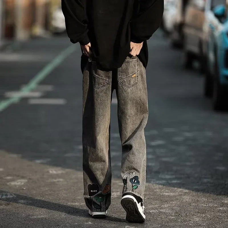 Men's Y2K Flower Printed Baggy Jeans | 2025 Streetwear Wide-Leg Denim Trousers 3