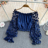 Flower Three-dimensional Decoration Slash Neck Long Sleeve Women's Blouse Shirt Korean Fashion Female Clothing Tops 2025 Summer 2