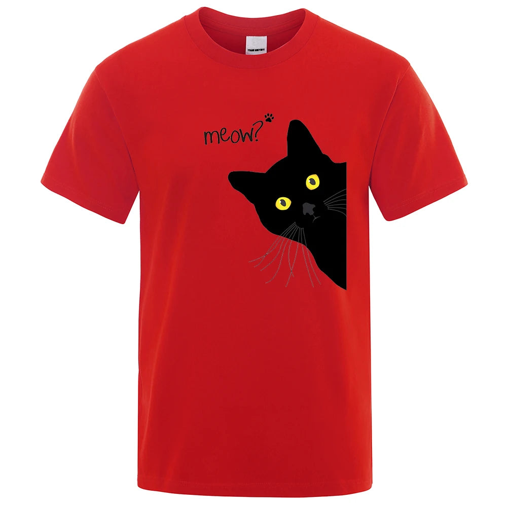 Black Cat Print T-Shirt - Funny Meow Design, Men's Loose Fit Summer Top