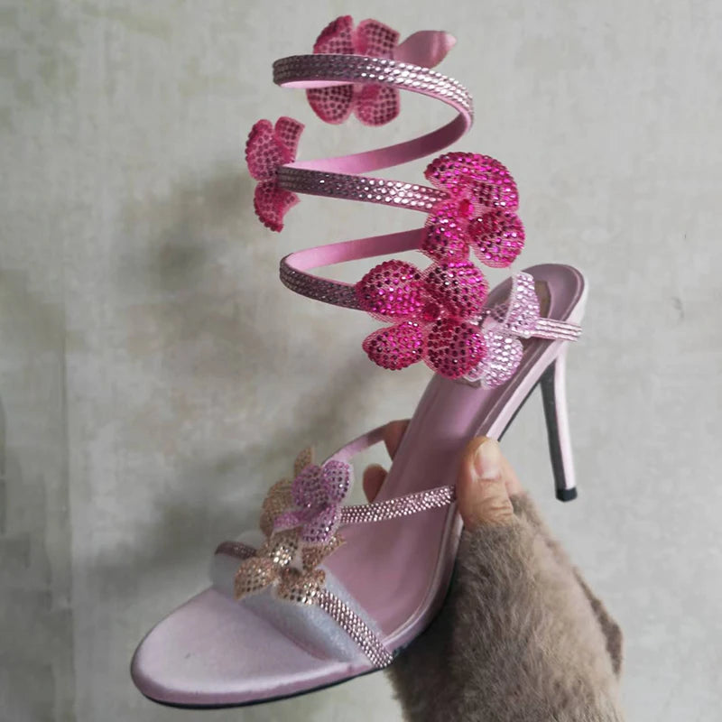 Crystal Flower Ankle Strap Heels