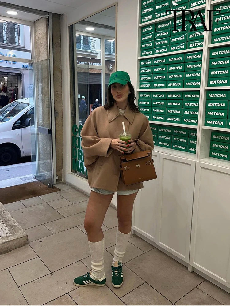 Women's Casual Vintage Khaki Coat Bat Sleeve Lapel Warm Tweed Coat Autumn and Winter Fashion Loose Single Breasted Coat 3