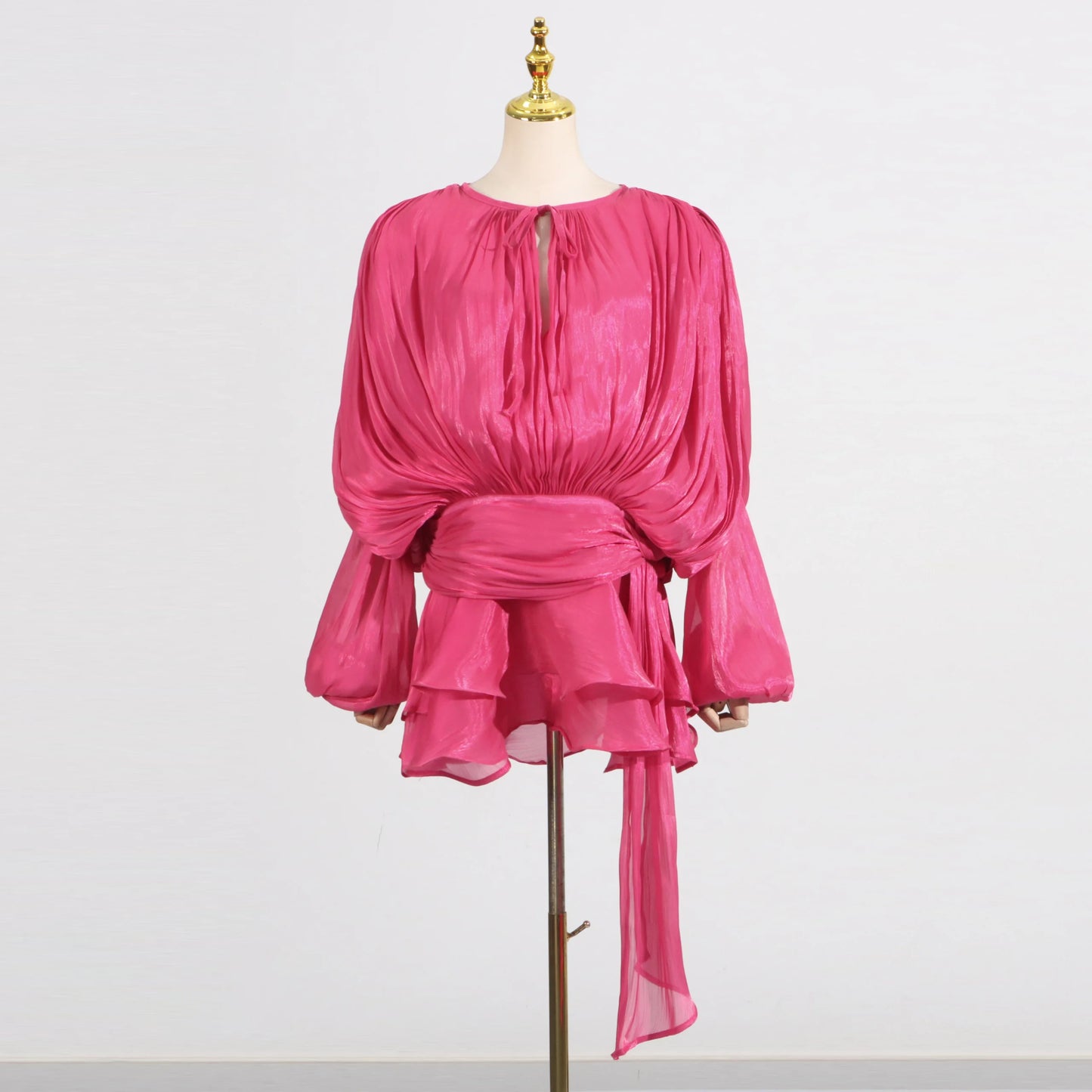 GALCAUR Solid Loose Splicd Lace Up Dresses For Women V Neck Long Sleeves Patchwork Ruffles Tunic Dreses Female Fashio New