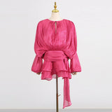 GALCAUR Solid Loose Splicd Lace Up Dresses For Women V Neck Long Sleeves Patchwork Ruffles Tunic Dreses Female Fashio New