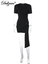 Dulzura O-Neck Short Sleeves Lace Up Bodycon Metal Button Mini Dress Solid Casual Elegant Short Dress Club Streetwear Outfit 6