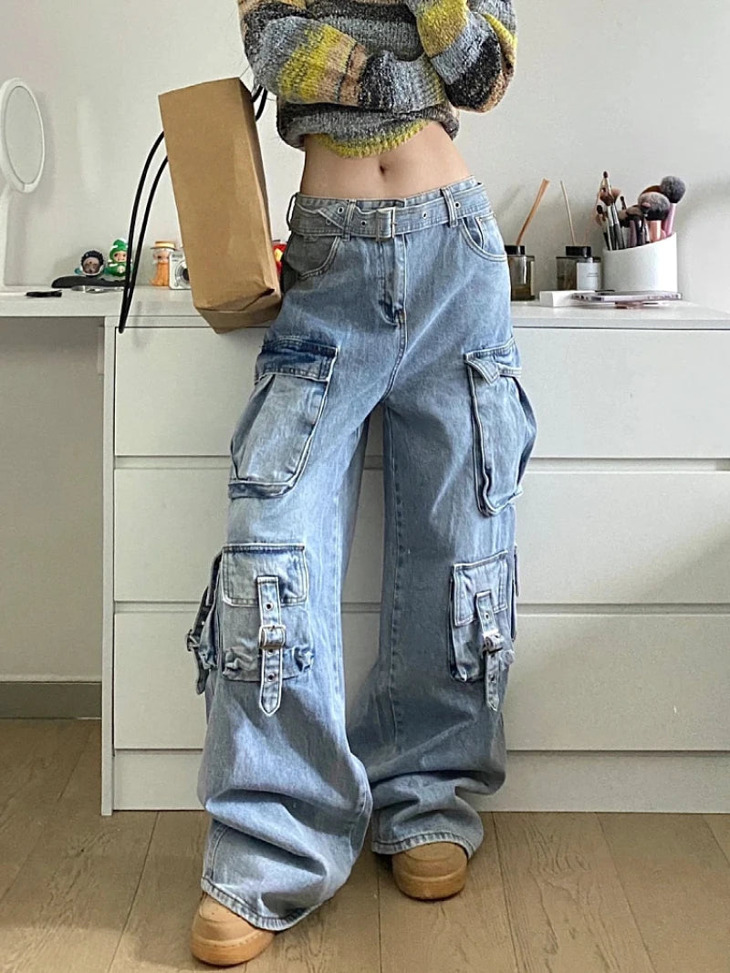 Autumn Winter New Ladies Cargo Jeans American Street Style Baggy Cargo Pants Women Blue Multi-pocket Wide Leg Jeans for Women 4