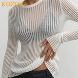 Kozoca Fashion White Elegant Striped See Through Women Tops Outfits Long Sleeve T-Shirts Tees Skinny Club Party Chic Clothes