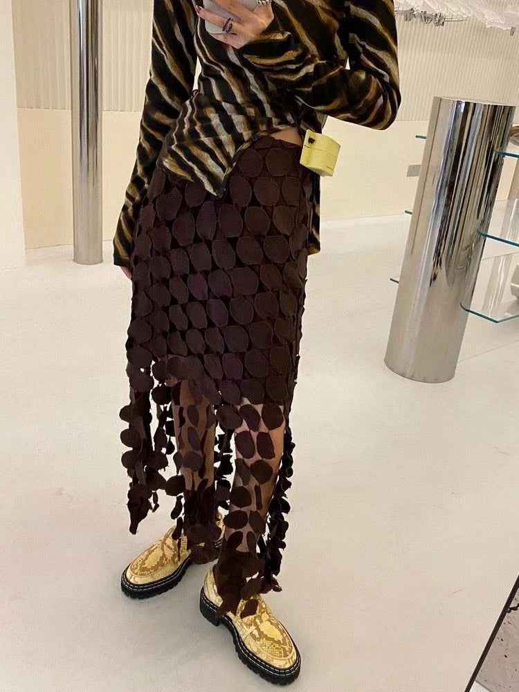 TWOTWINSTYLE Cut Out Skirt For Women High Waist Patchwork Tassel Irregular Hem Solid Midi Skirts Female Summer Clothing Style 3