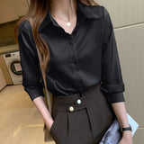 Women's Shirts V-neck Solid Laides Tops Womens 2025 Spring Korean Fashion Long Sleeve Blouses Button Up White OL Vintage Tops 5