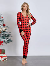 Women Buttoned Flap Jumpsuits Sleepwear Cow Printed Long Sleeve V Neck Bodycon Romper Spring Fall Loungewear 2
